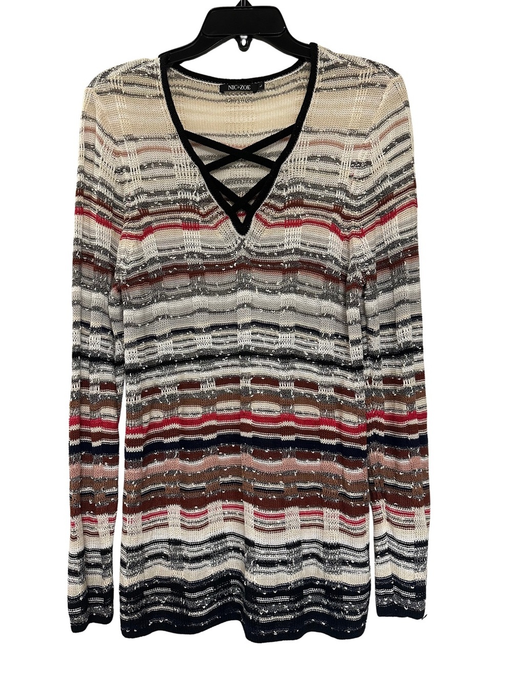 NIC + ZOE Space Dye Sweater Lattice V-Neck Long Sleeve Sz L